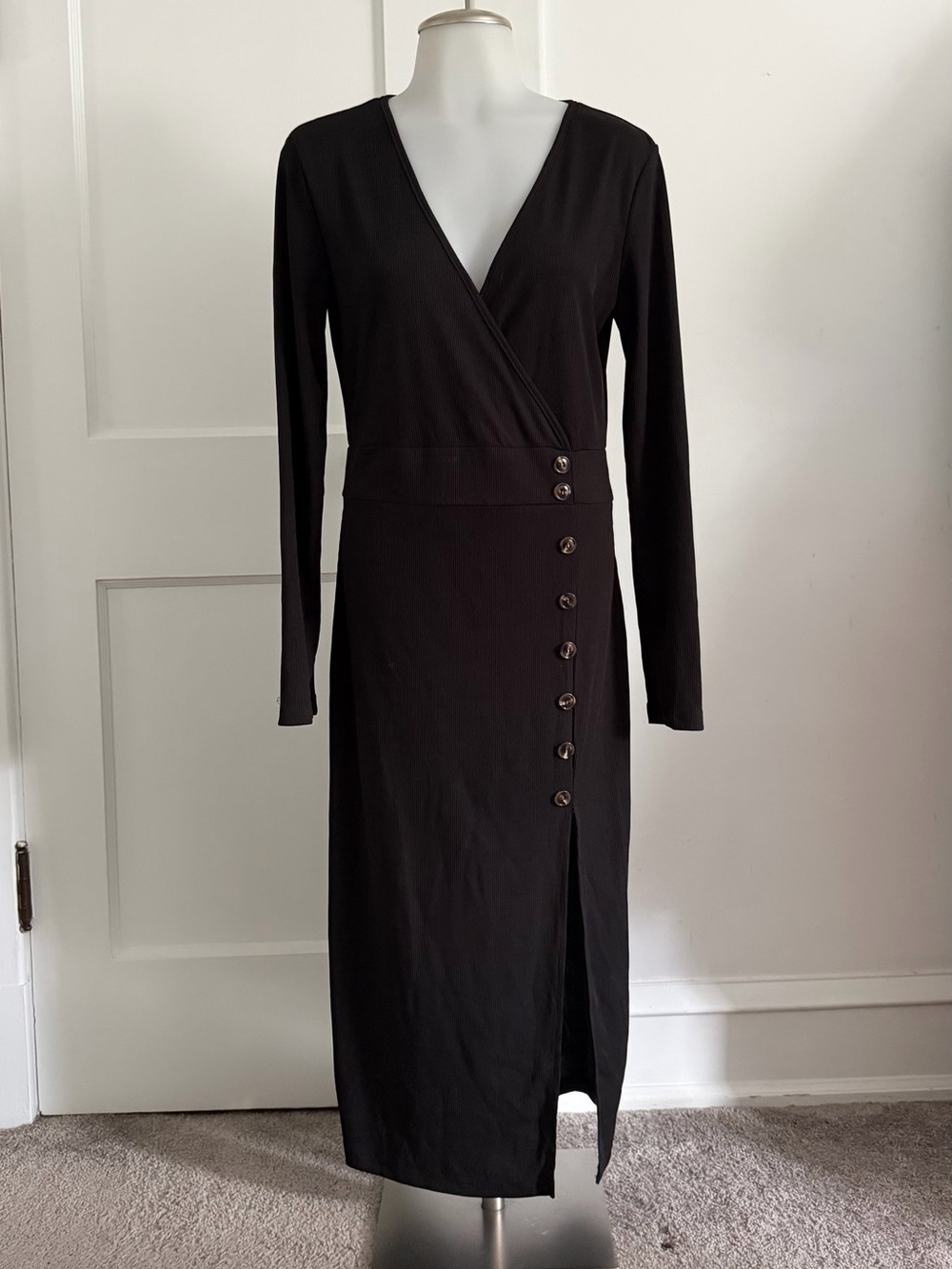 Black Long Sleeve Midi Dress With Slit & Buttons
